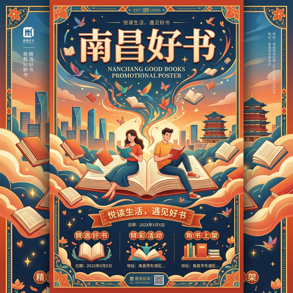 Promotional poster for Nanchang good books showing a man and woman reading on a large open book with flying books, birds, and cityscape in background