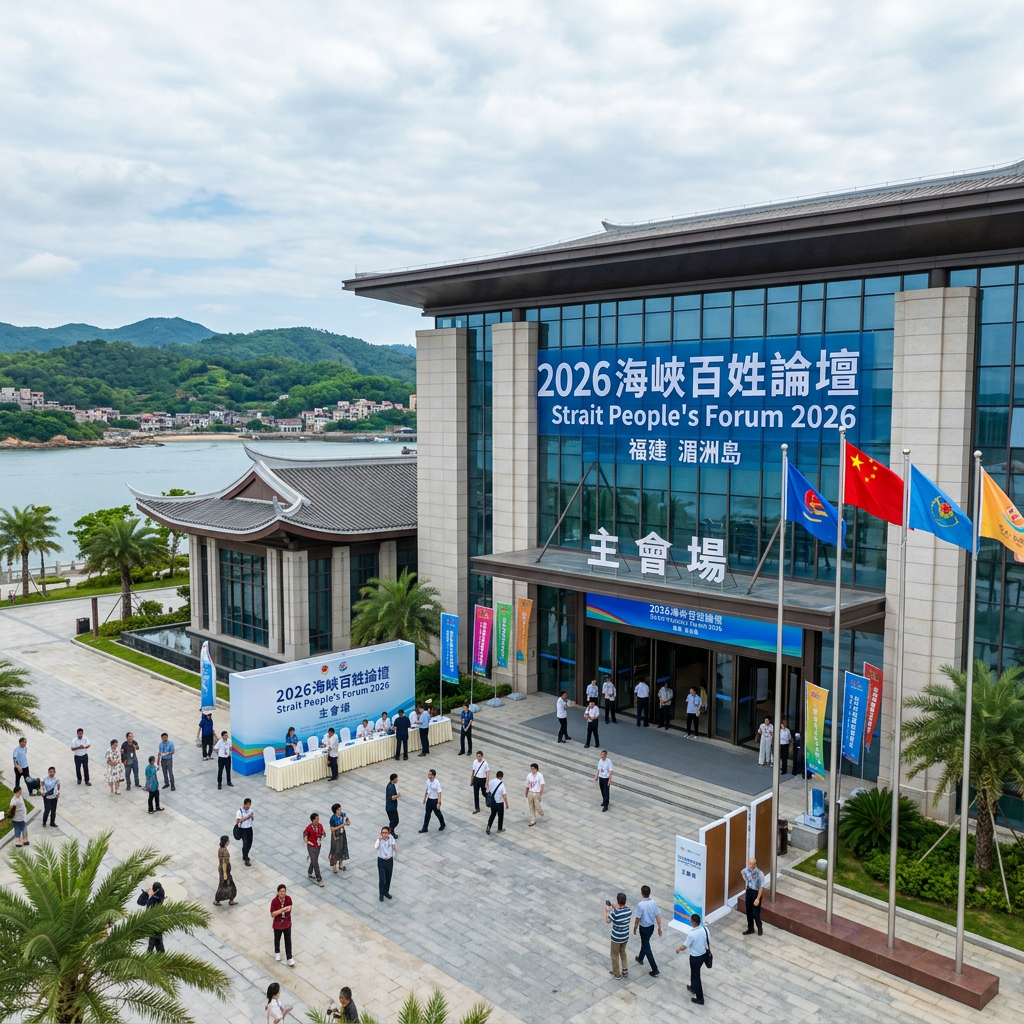 Modern building with large sign reading 'Strait People's Forum 2026' and people walking outside