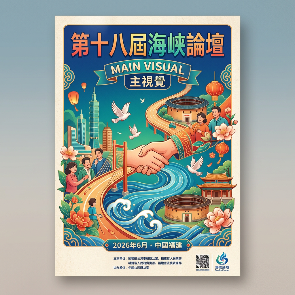 Poster for the 18th Strait Forum with handshake, landmarks, doves, and flowers