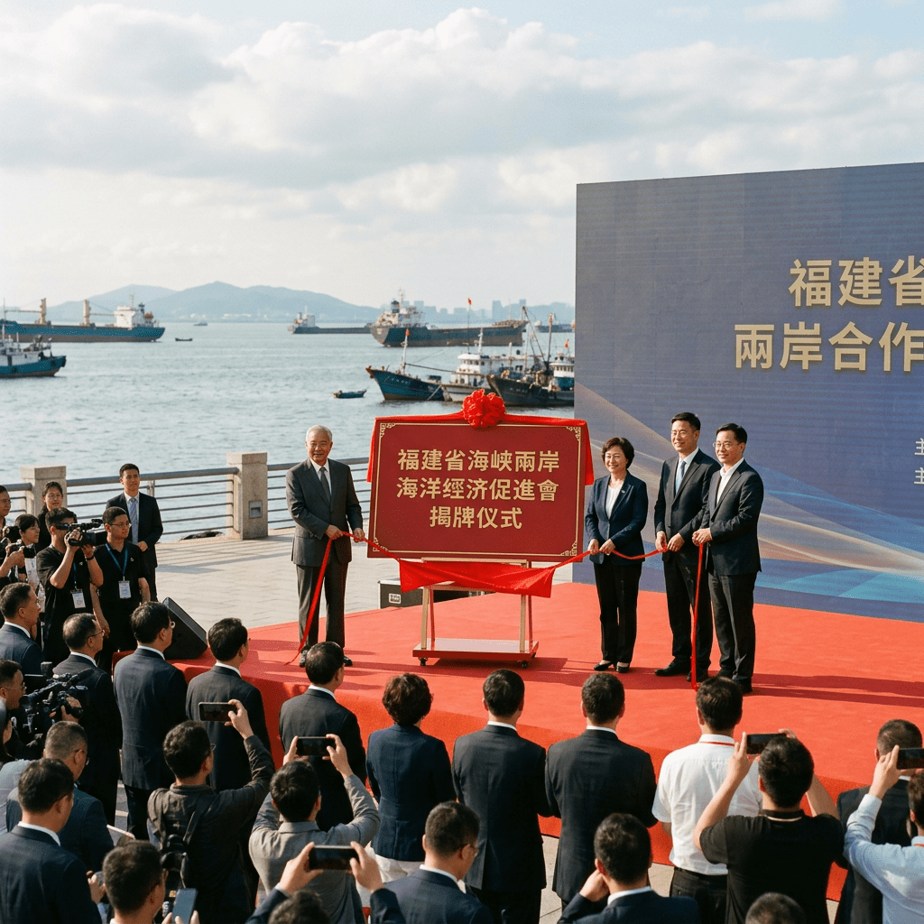 Officials unveiling plaque at Fujian cross-strait marine economic cooperation event by the sea with audience and ships in background