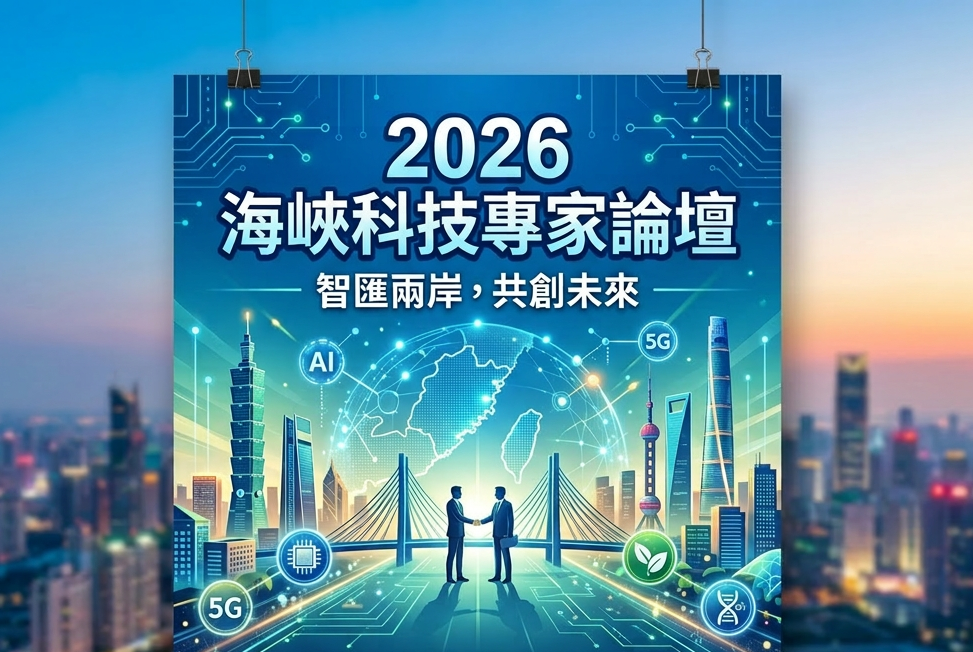 2026 Cross-Strait Technology Expert Forum poster with event details and futuristic cityscape