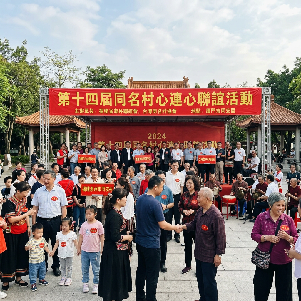 Community event with people of all ages interacting under a red banner with Chinese text