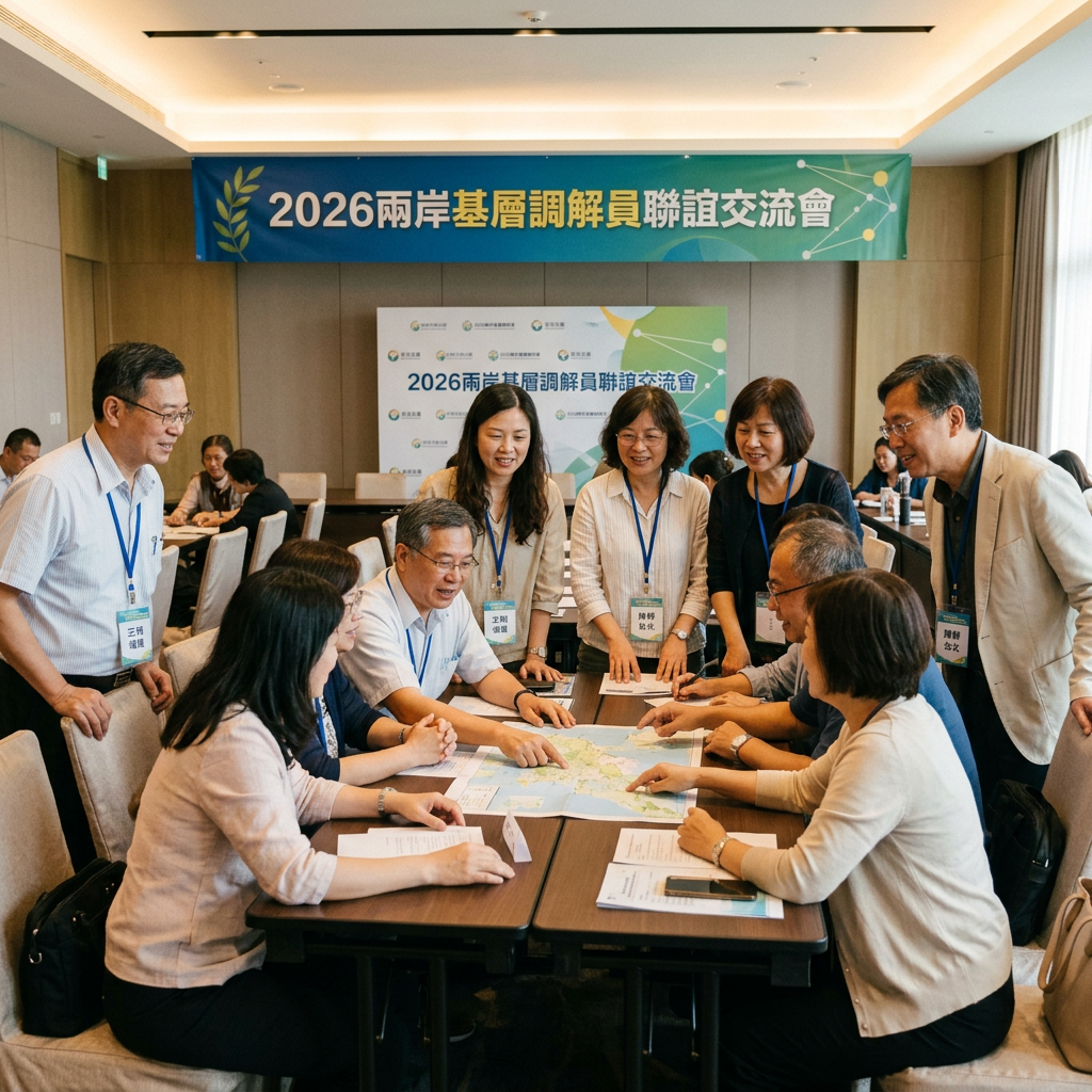 Group of people discussing a map together during a 2026 Cross-Strait Grassroots Exchange Meeting
