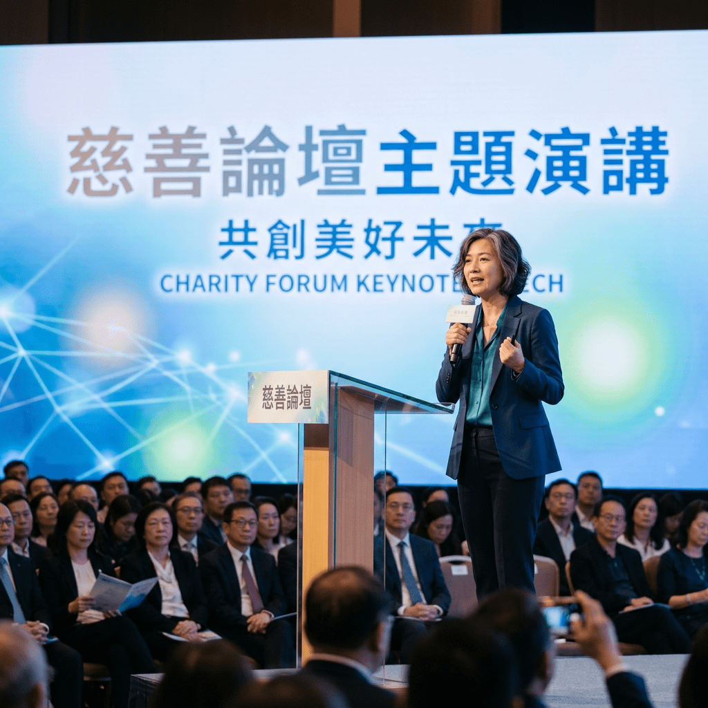 Woman speaking at podium during charity forum keynote speech