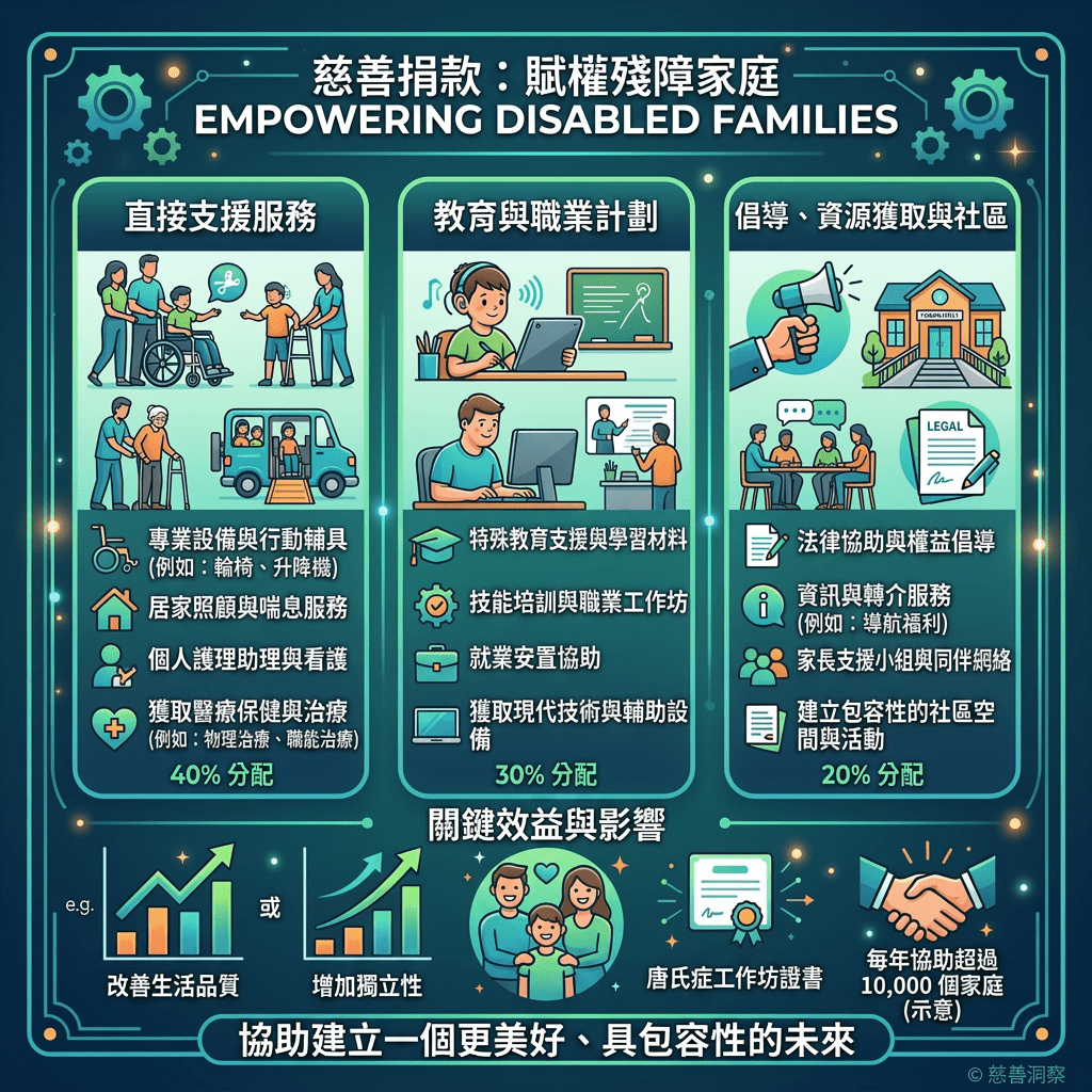 Infographic showing charity funding distribution for disabled families among support services, educational programs, and advocacy.