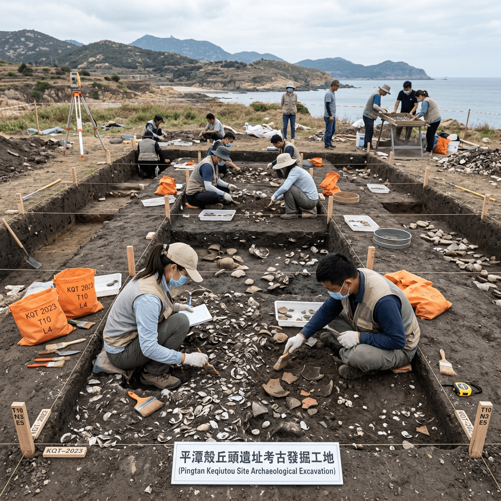 Archaeologists digging and brushing artifacts at Pingtan Keqitou archaeological excavation near coastline