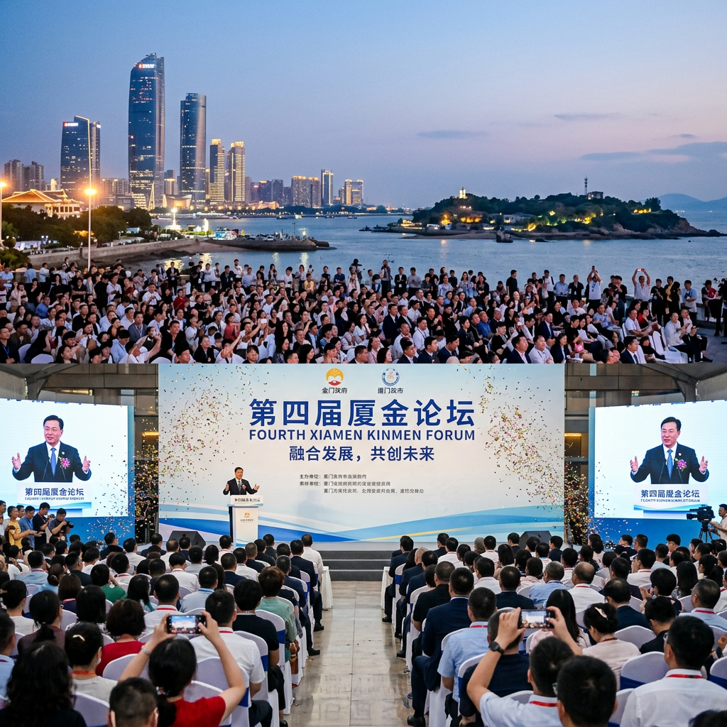 Audience at Fourth Xiamen Kinmen Forum with speaker on stage and city skyline at dusk