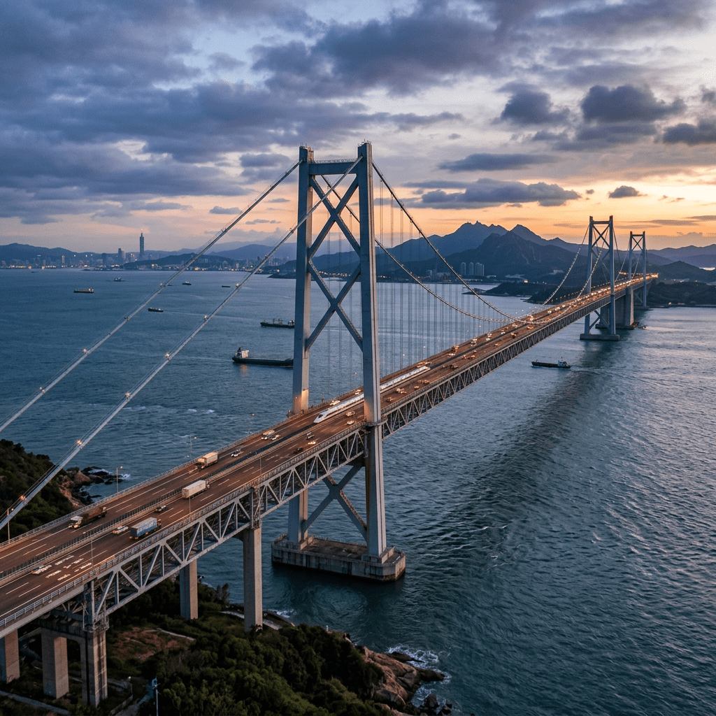 Suspension bridge over water with cars and trucks during sunset