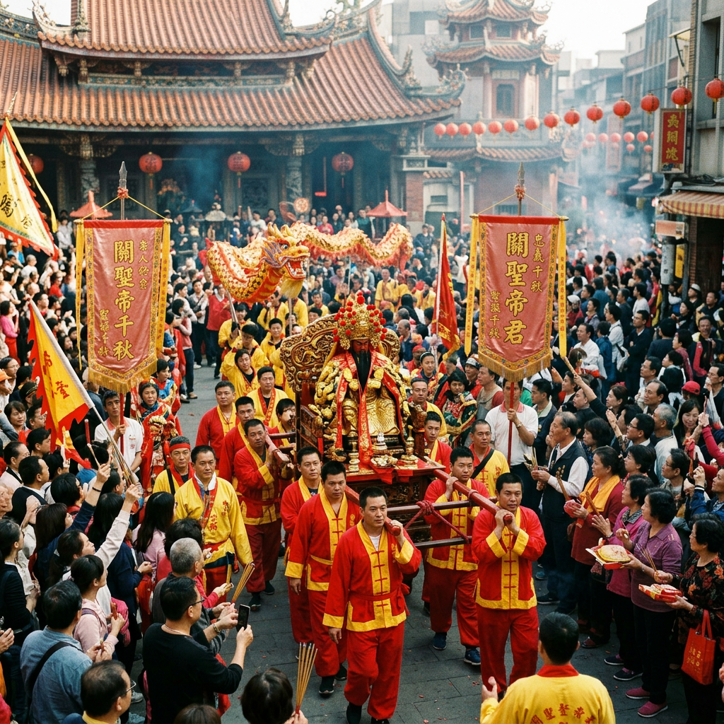 Chinese temple procession with people carrying a deity statue and dragon dance performers