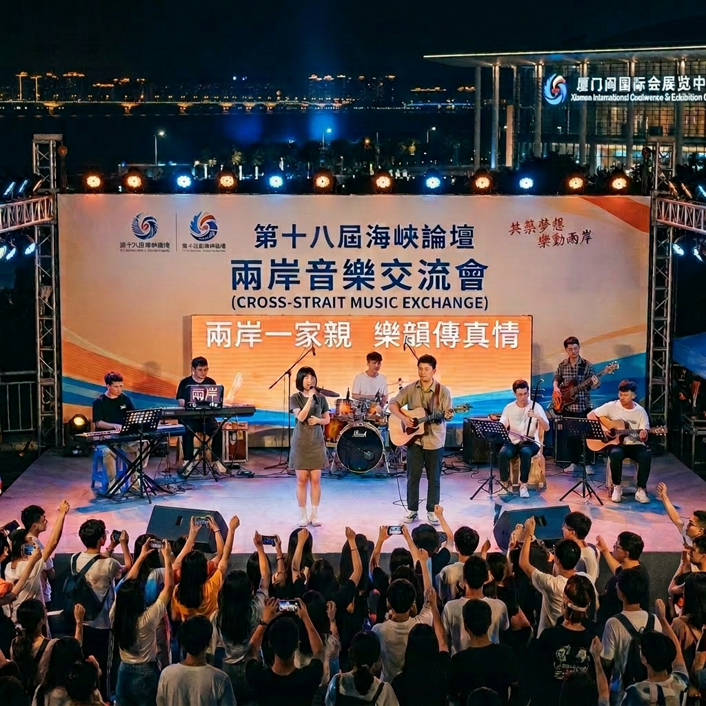 Band performing on stage at the 15th Cross-Strait Music Exchange with audience waving flags and light sticks
