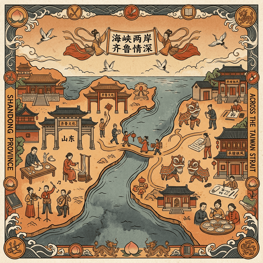 Illustrated map showing cultural scenes and landmarks of Shandong Province and Taiwan across the Taiwan Strait with people, traditional architecture, and cultural activities