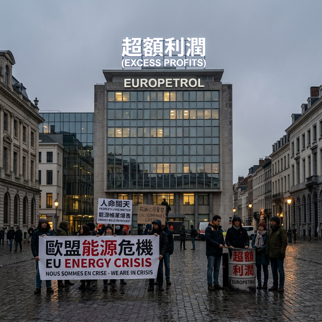 Protesters hold signs reading “EU ENERGY CRISIS,” “WE ARE IN CRISIS,” “EXCESS PROFITS,” and “EUROPETROL” outside a building.