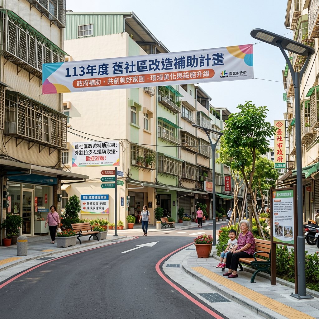 113年度舊社區改造補助計畫 banner on a renovated Taipei neighborhood street